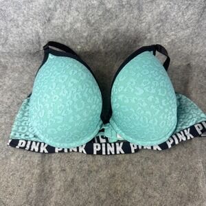 Victoria's Secret PINK Womens Push Up Bra 36C Aqua Lace Black White‎ Logo Band